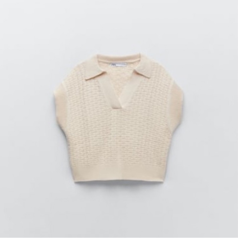 Zara Knit Polo Collared Vest Ecru Small Boxy Fit - Picture 6 of 12